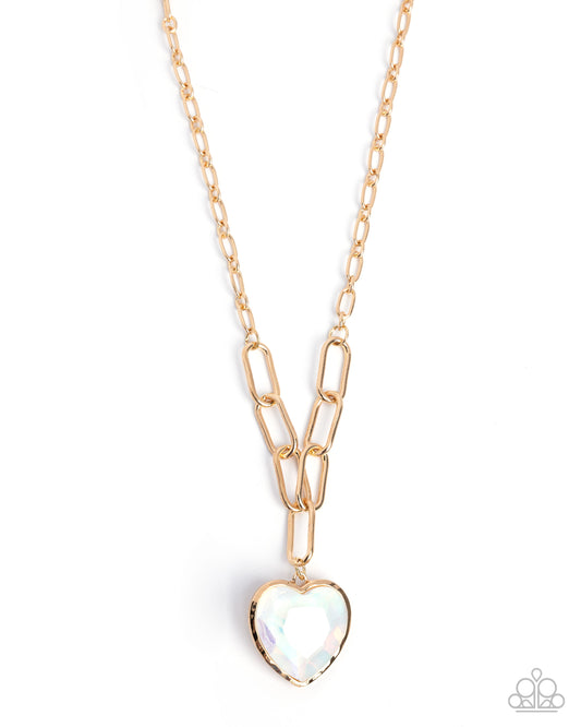 HAUTE Heart - White Iridescent Heart Rhinestone Gold Necklace - Paparazzi Accessories