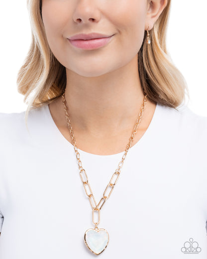 HAUTE Heart - White Iridescent Heart Rhinestone Gold Necklace - Paparazzi Accessories