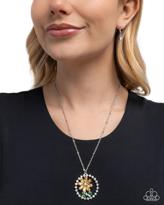 Framing Florals - Yellow Rhinestone Sunflower Pendant Silver Necklace - Paparazzi Accessories