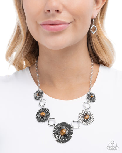 Skewed Squares - Brown Tiger's Eye Stone Silver Necklace - Paparazzi Accessories