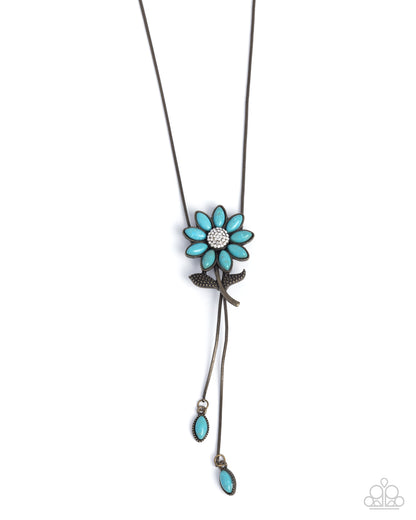 Floral Fidelity - Brass & Blue Turquoise Crackle Stone Flower Bolo Closure Necklace - Paparazzi Accessories