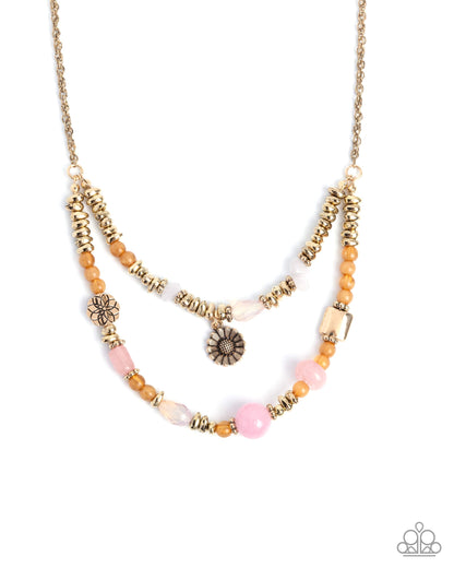 Blooming Barricade - Pink, Orange & White Stone, Gold Necklace - Paparazzi Accessories
