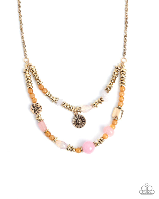 Blooming Barricade - Pink, Orange & White Stone, Gold Necklace - Paparazzi Accessories