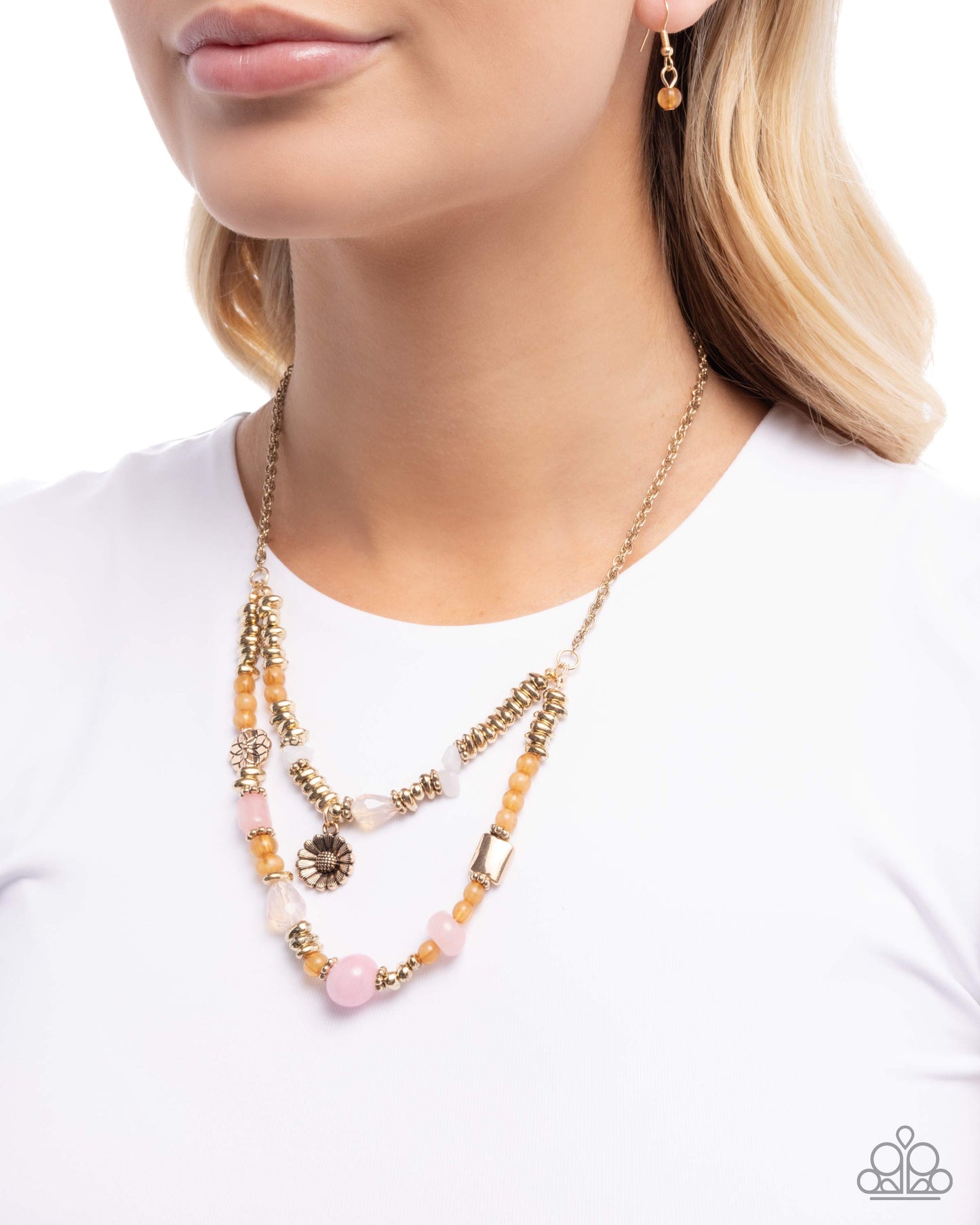 Blooming Barricade - Pink, Orange & White Stone, Gold Necklace - Paparazzi Accessories