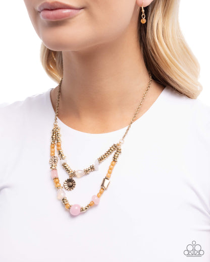 Blooming Barricade - Pink, Orange & White Stone, Gold Necklace - Paparazzi Accessories