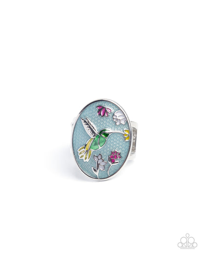 Hummingbird Hope - Blue Pearlescent Enamel Silver Ring - Paparazzi Accessories