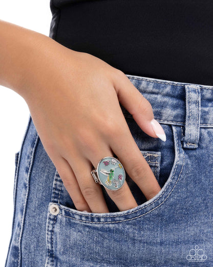Hummingbird Hope - Blue Pearlescent Enamel Silver Ring - Paparazzi Accessories