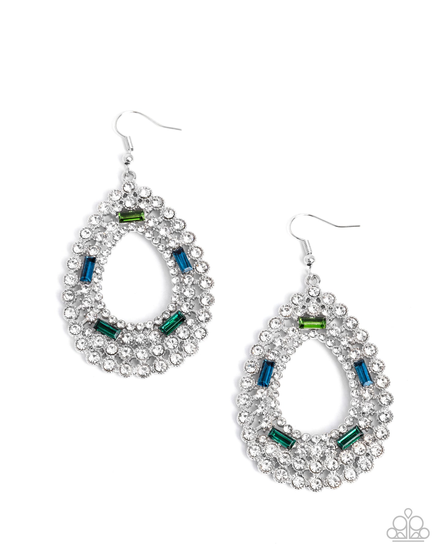 Teardrop Trust - Green, Blue and White Rhinestone Teardrop Earrings - Paparazzi Accessories