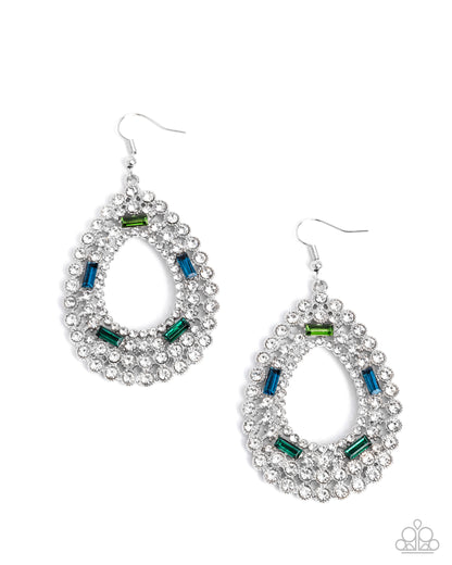 Teardrop Trust - Green, Blue and White Rhinestone Teardrop Earrings - Paparazzi Accessories