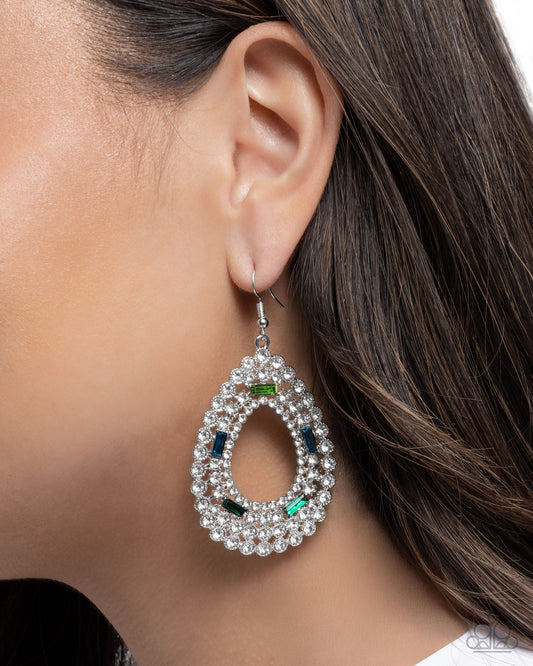 Teardrop Trust - Green, Blue and White Rhinestone Teardrop Earrings - Paparazzi Accessories