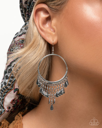 Chandelier Change - Silver Teardrop Disc Charms Silver Hoop Fishhook Earrings - Paparazzi Accessories