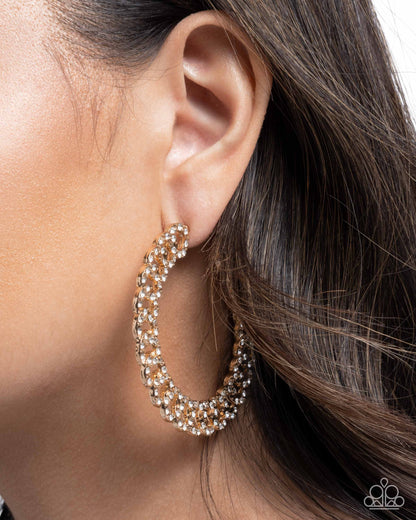 Interlocked Icing - Gold Chain with White Rhinestone Hoop Earrings - Paparazzi Accessories
