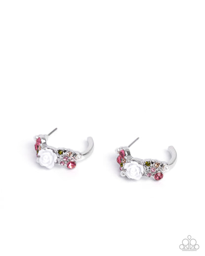 Borderline Bloom - Pink & Green Rhinestone White Resin Rose Silver Hoop Earrings - Paparazzi Accessories