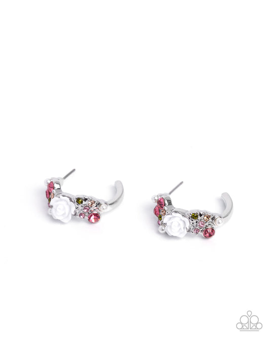 Borderline Bloom - Pink & Green Rhinestone White Resin Rose Silver Hoop Earrings - Paparazzi Accessories