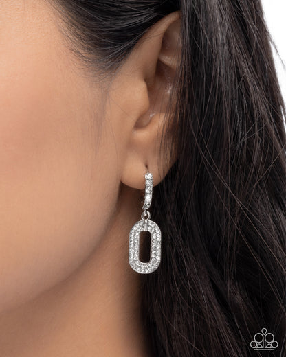 Next-Level Luminescence - White Rhinestone, Silver Hinge Hoop Earrings - Paparazzi Accessories
