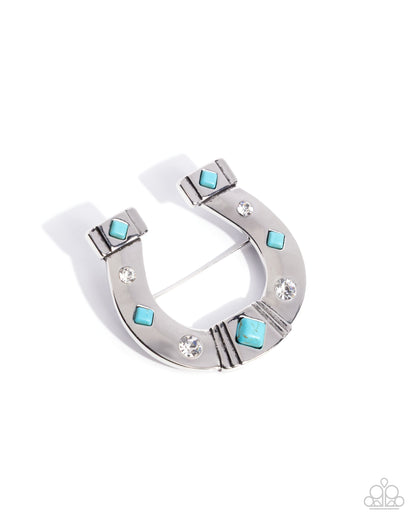Horseshoe Horizon - Blue - Turquoise Crackle Stone Silver Brooch - Paparazzi Accessories