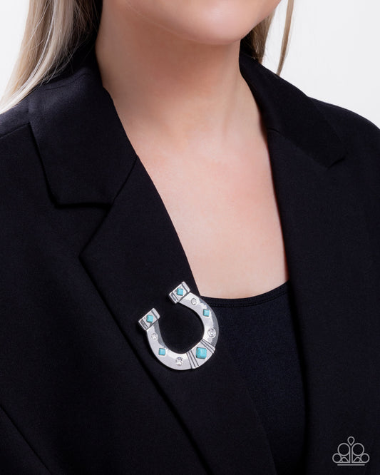 Horseshoe Horizon - Blue - Turquoise Crackle Stone Silver Brooch - Paparazzi Accessories