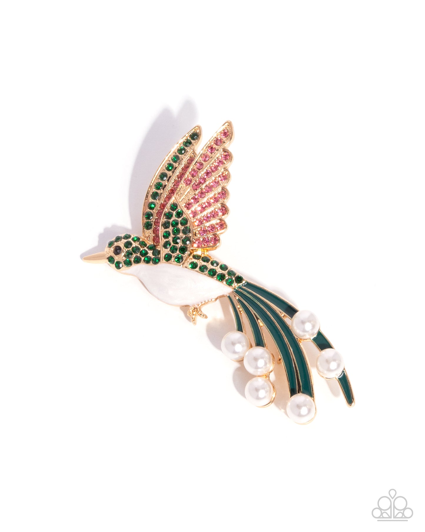 Hummingbird Homage - Green Enamel Pink Rhinestone Gold Brooch - Paparazzi Accessories