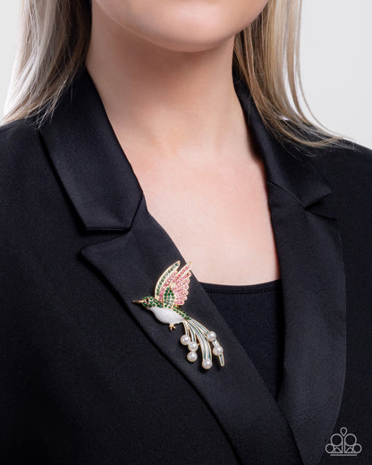 Hummingbird Homage - Green Enamel Pink Rhinestone Gold Brooch - Paparazzi Accessories
