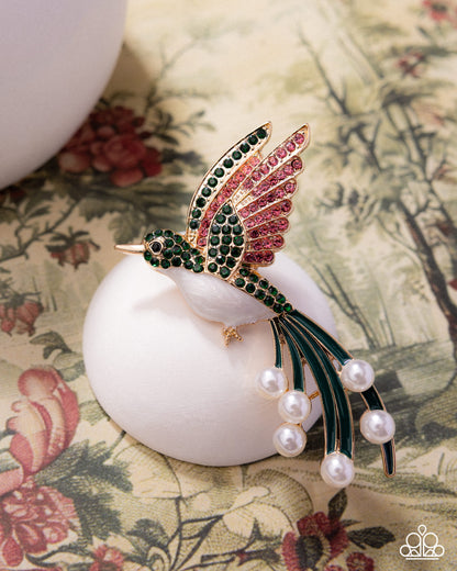 Hummingbird Homage - Green Enamel Pink Rhinestone Gold Brooch - Paparazzi Accessories