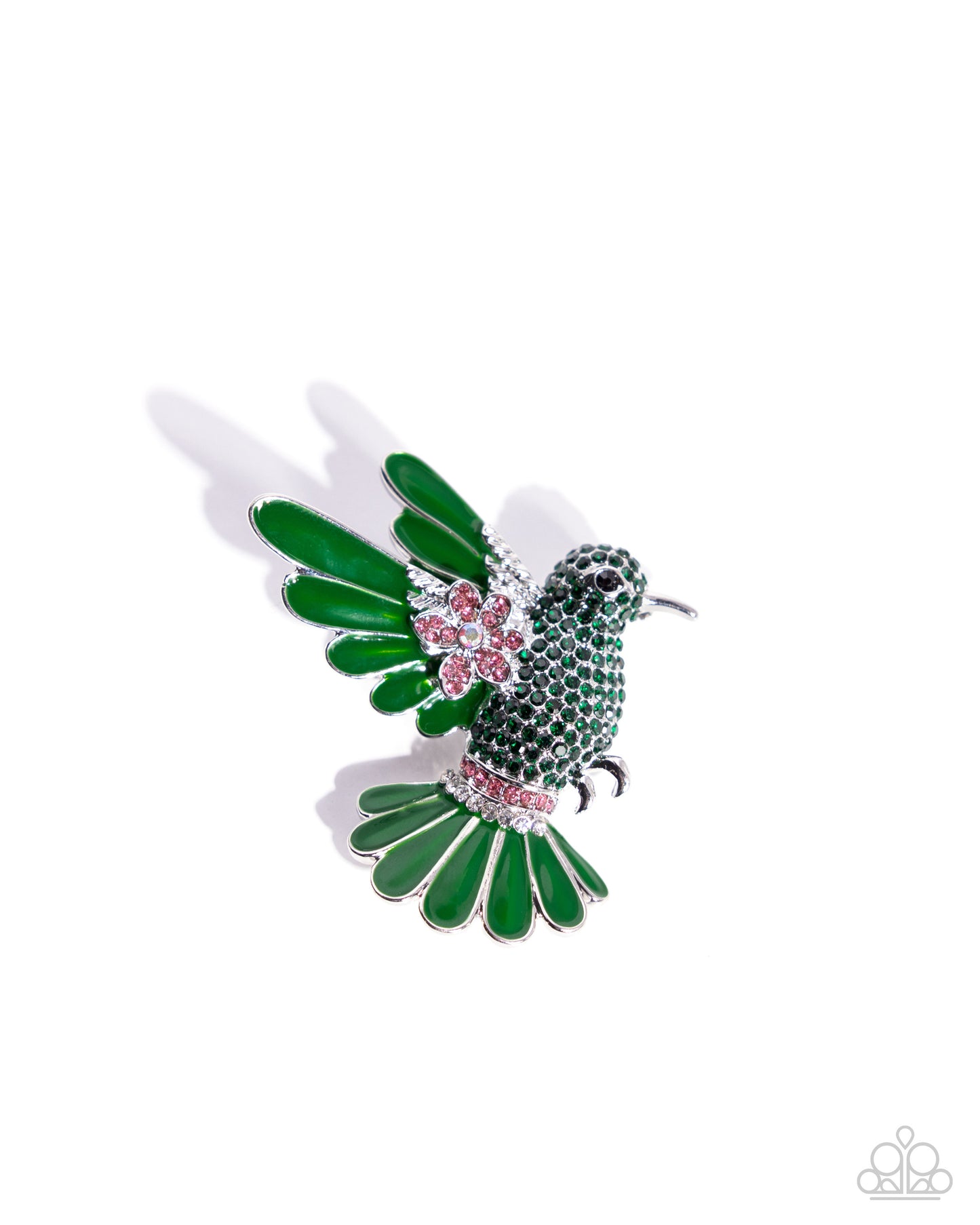 Hummingbird Heirloom - Green Enamel Iridescent Rhinestone Silver Brooch - Paparazzi Accessories