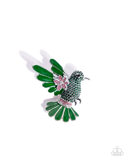 Hummingbird Heirloom - Green Enamel Iridescent Rhinestone Silver Brooch - Paparazzi Accessories
