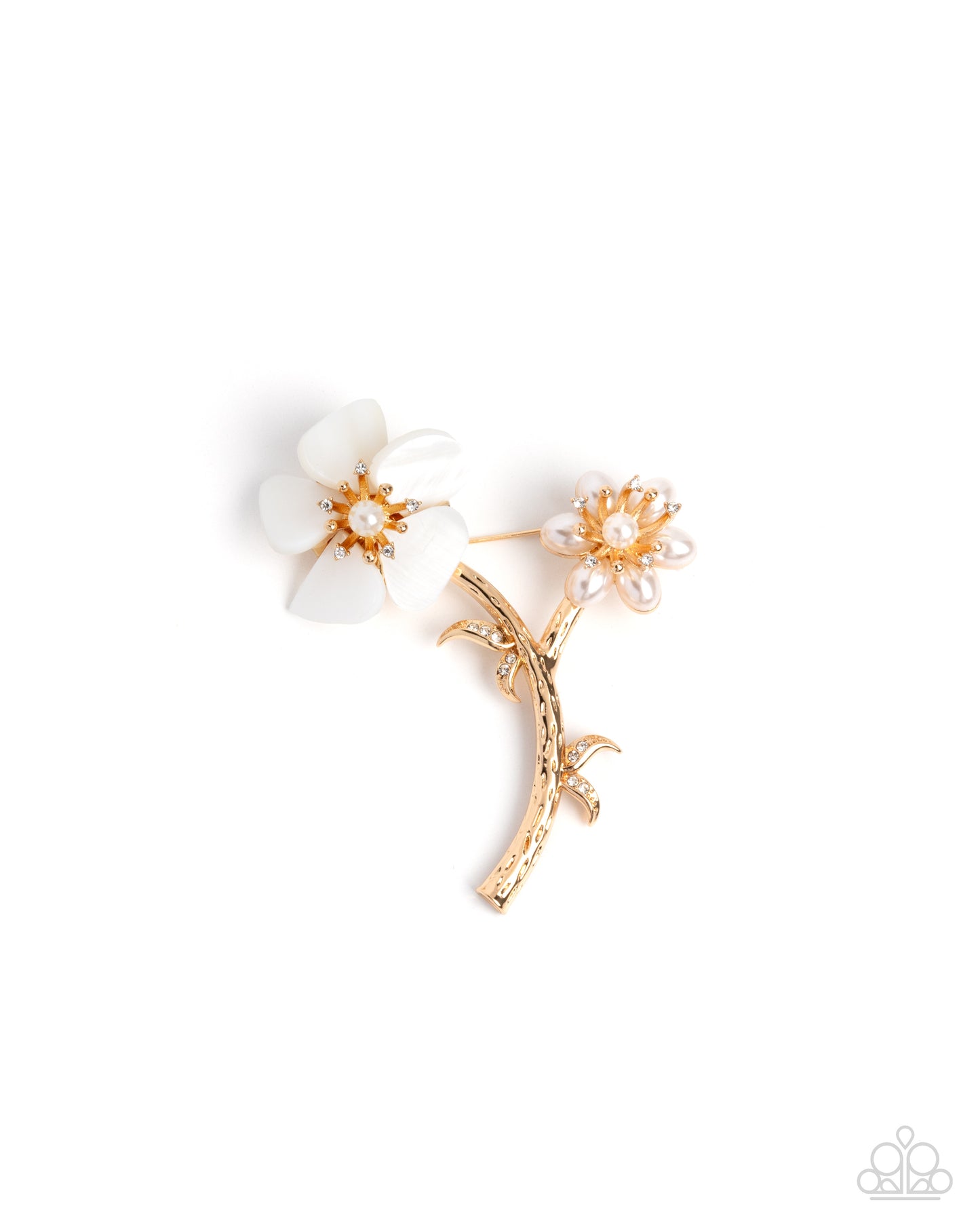 Blooming Boutonniere - Gold Stem White Shell Flower Brooch - Paparazzi Accessories