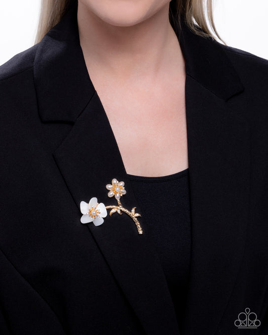Blooming Boutonniere - Gold Stem White Shell Flower Brooch - Paparazzi Accessories