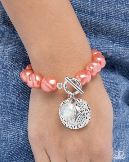 Coastal Cadenza - Orange Pearl Silver Ocean Charm Toggle Bracelet - Paparazzi Accessories