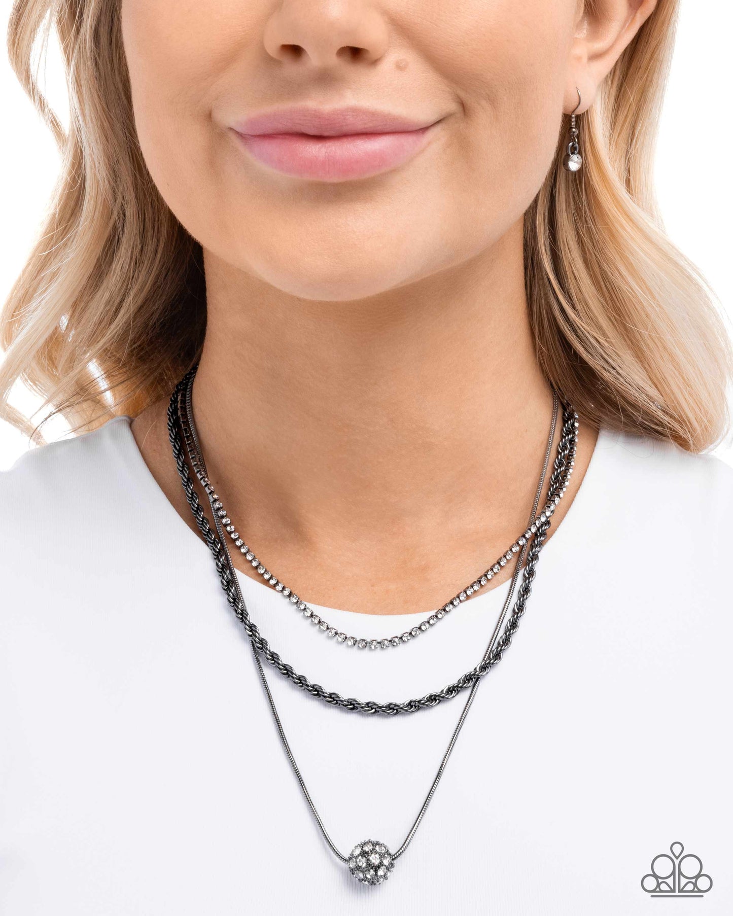 True Love Tiers - Black - White Rhinestone Gunmetal Necklace - Paparazzi Accessories