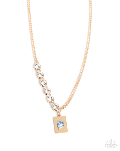 Storytelling Sweetheart - Blue Rhinestone Heart, Gold Necklace - Paparazzi Accessories