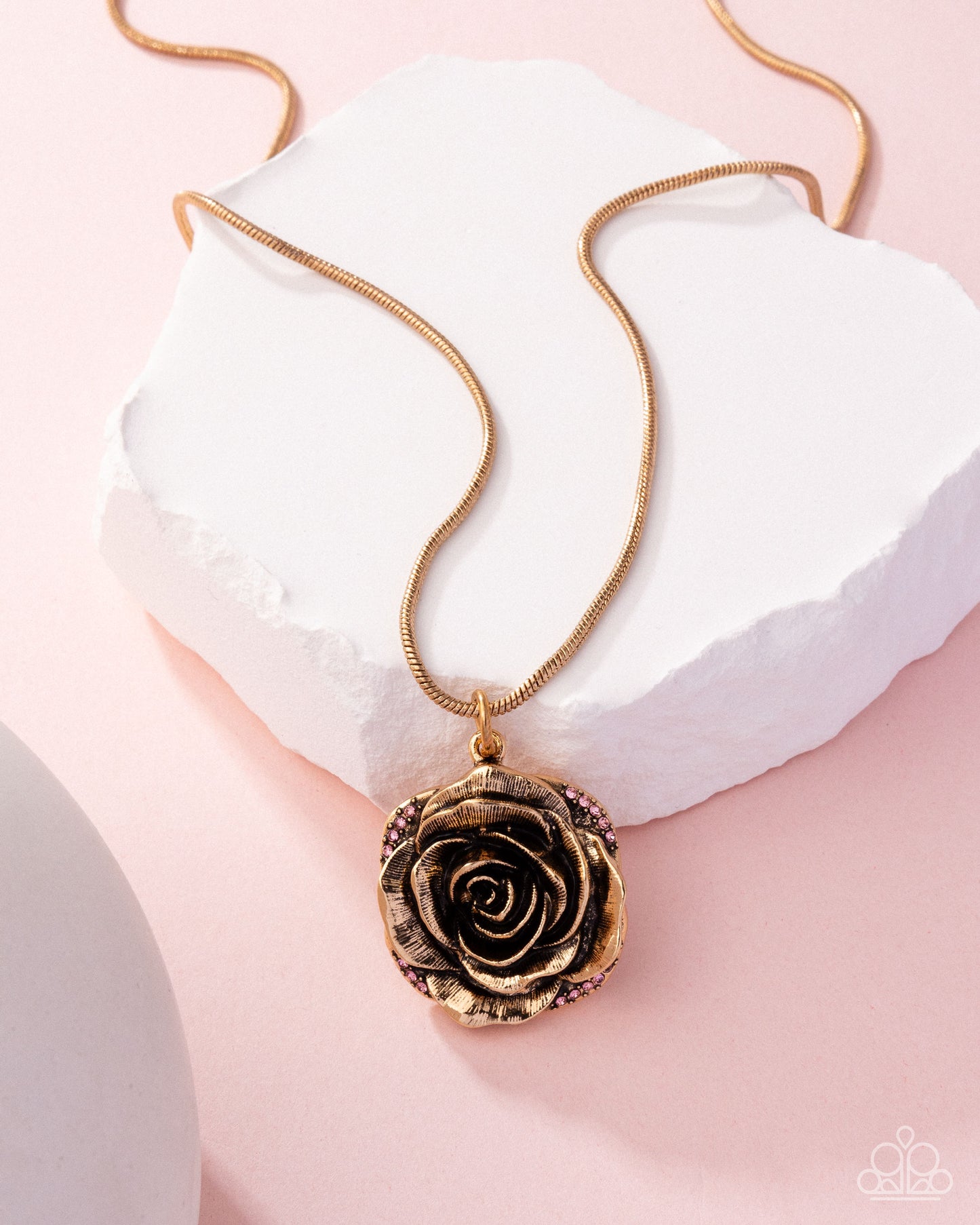 Blooming Buffer - Pink Rhinestone Gold Rose Necklace - Paparazzi Accessories
