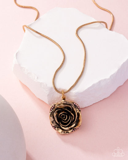 Blooming Buffer - Pink Rhinestone Gold Rose Necklace - Paparazzi Accessories