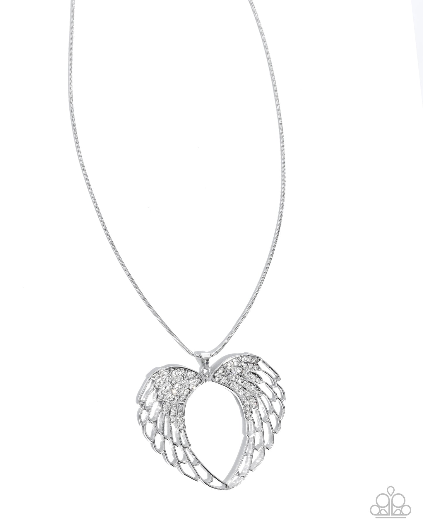 Angelic Accuracy - White Rhinestone Silver Angel Wing Heart Pendant Necklace - Paparazzi Accessories