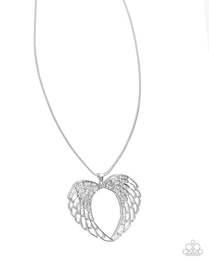 Angelic Accuracy - White Rhinestone Silver Angel Wing Heart Pendant Necklace - Paparazzi Accessories