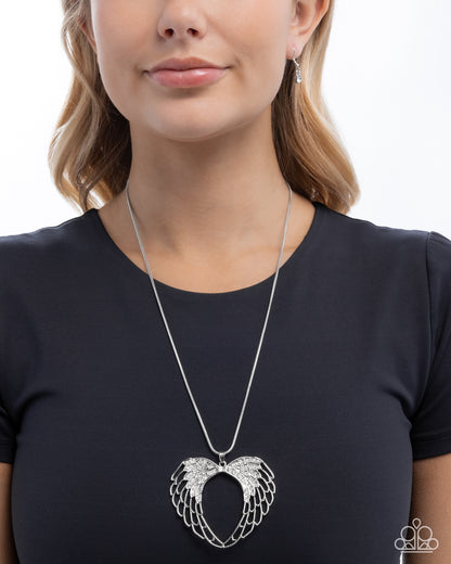 Angelic Accuracy - White Rhinestone Silver Angel Wing Heart Pendant Necklace - Paparazzi Accessories