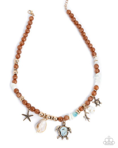 Operation Ocean - Brown Acrylic Beaded Turtle, Starfish, Shell Charm Necklace - Paparazzi Accessories