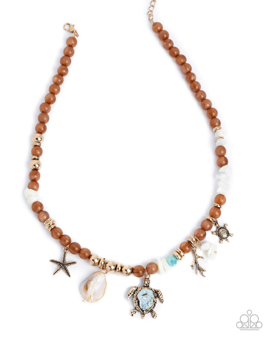 Operation Ocean - Brown Acrylic Beaded Turtle, Starfish, Shell Charm Necklace - Paparazzi Accessories