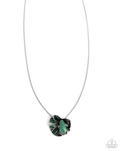 Tree Frog Tapestry - Green Enamel Lilypad Rhinestone Frog Pendant Silver Necklace - Paparazzi Accessories