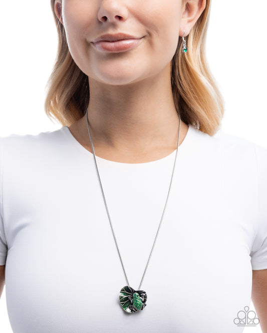 Tree Frog Tapestry - Green Enamel Lilypad Rhinestone Frog Pendant Silver Necklace - Paparazzi Accessories