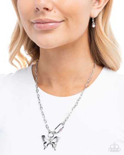 Fluttering Fuel - Orange Iridescent Rhinestone Silver Butterfly Necklace Paparazzi Accessories
