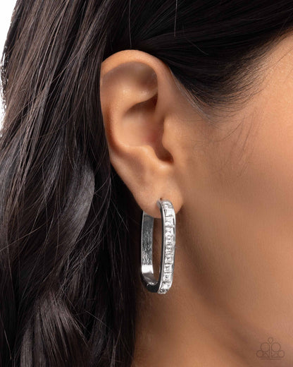 Encased Elevation - White Rhinestone Silver Hinge Hoops - Paparazzi Accessories