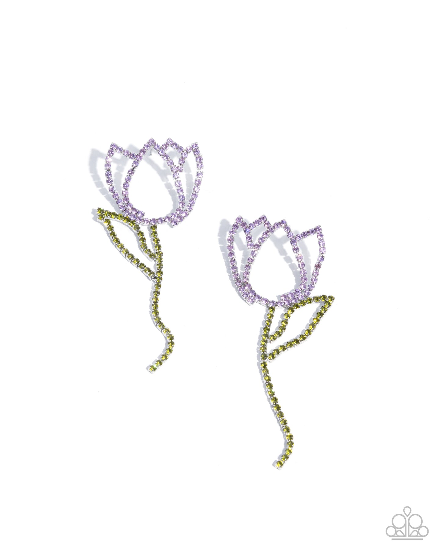 Tulip Transcendence - Purple & Green Rhinestone Flower Silver Post Earrings - Paparazzi Accessories