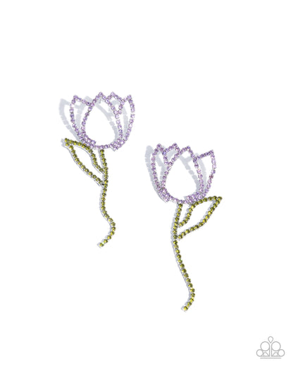 Tulip Transcendence - Purple & Green Rhinestone Flower Silver Post Earrings - Paparazzi Accessories
