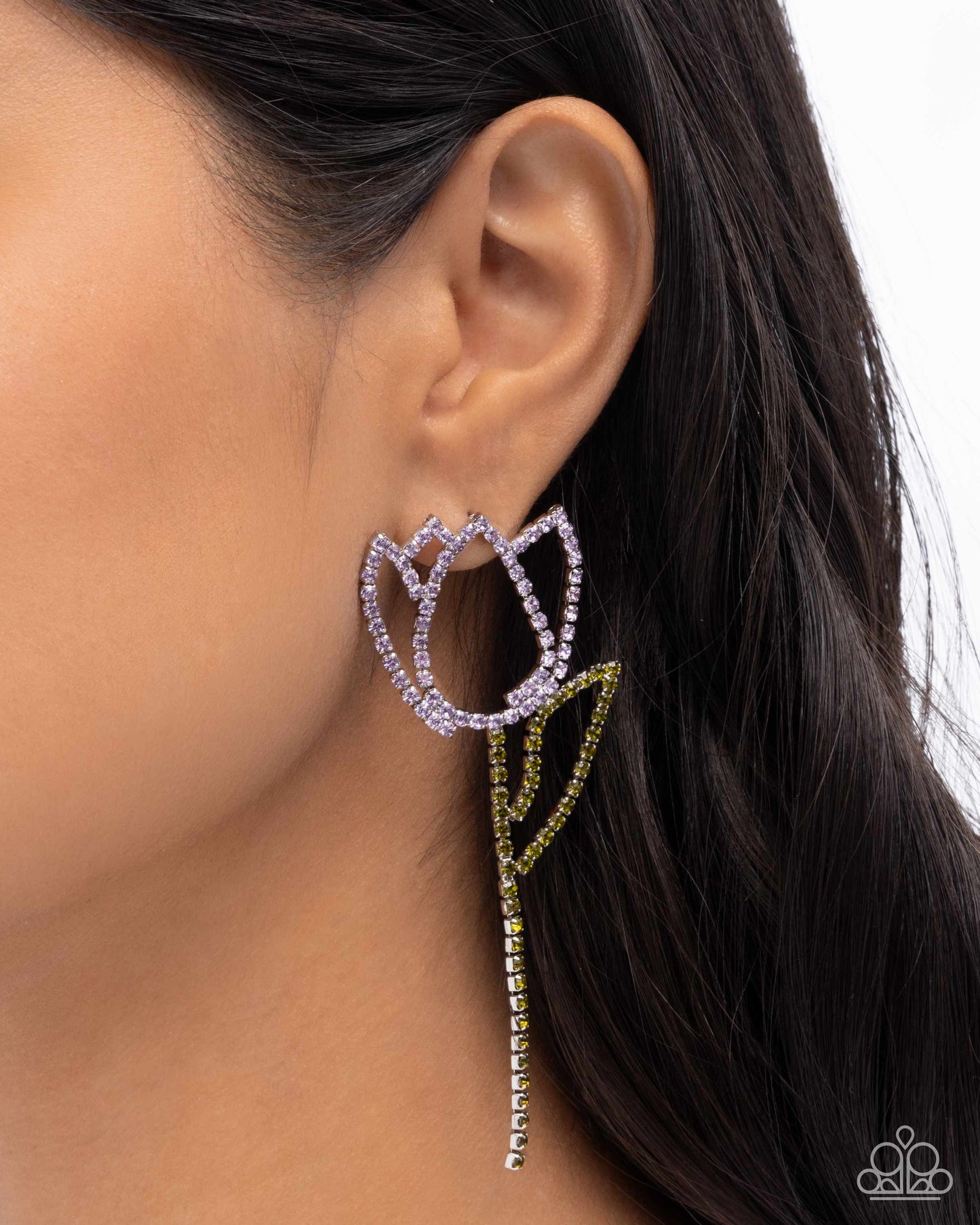 Tulip Transcendence - Purple & Green Rhinestone Flower Silver Post Earrings - Paparazzi Accessories