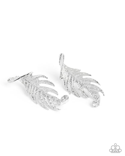 Leafy Lure - Silver Etched Texture Leaves Post Earrings - Paparazzi Accessories