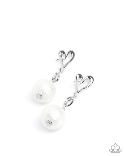 Sweetheart Sphere - White Pearl, SIlver Heart Earrings - Paparazzi Accessories