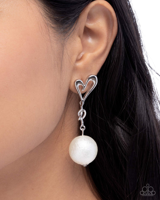Sweetheart Sphere - White Pearl, SIlver Heart Earrings - Paparazzi Accessories