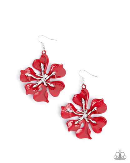 Floral Faction - Red Dipped Metal Flower Earrings - Paparazzi Accessories