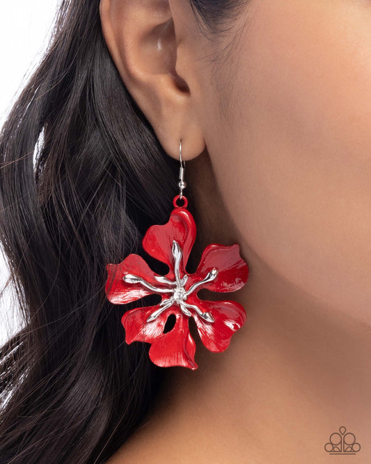 Floral Faction - Red Dipped Metal Flower Earrings - Paparazzi Accessories